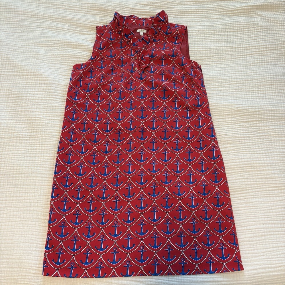 Talbots Shift Dress Sz 12 Petite Americana‎ Red Preppy Ruffle Nautical Anchors